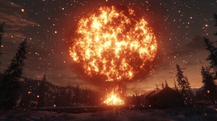 Wall Mural - illustration of an explosion amidst a snowy landscape, with smoke and debris set against a blurred f