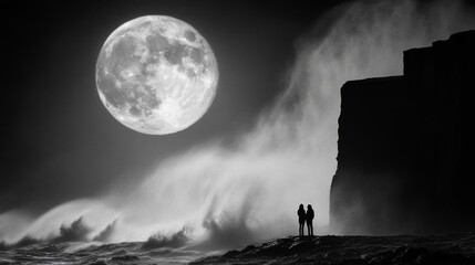 Wall Mural - Ethereal apparitions materialize from the fog, floating across a desolate terrain beneath the eerie glow of the moon, amidst the chasm of the forgotten, as depicted in the Forgotten Drift