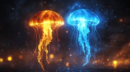 Wall Mural - in the spectral brine illustration, jellyfish exhibit bioluminescence as they float through deep, da