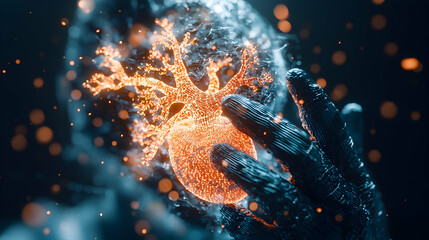 Wall Mural - an artistic rendering of a glowing brain held by a metallic hand. ideal for tech companies ai resear