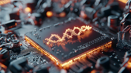 Wall Mural - a futuristic image of a circuit board with a glowing dna strand representing the convergence of tech