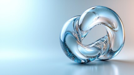 Abstract glass sculpture, intertwined loops, blue hue, smooth surface, reflective, light background.