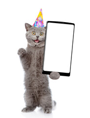 Aufkleber - Shocked cat with open mouth wearing party cap standing on hind legs and showing big smartphone with blank screen. Empty space for text. isolated on white background