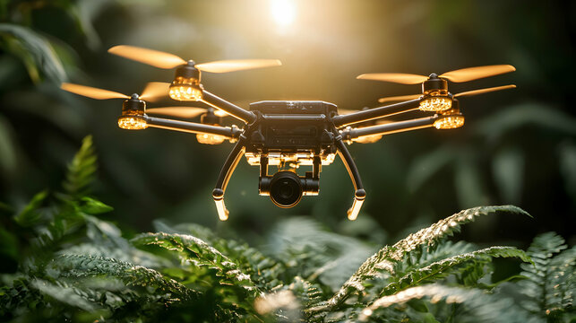 A drone hovers in a lush green forest. Capturing aerial shots surveying environments or assisting with agricultural tasks. Explore the world from above.