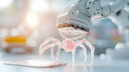 Wall Mural - a robotic arm examines a pink spider-like structure above a tablet possibly analyzing a technologica
