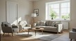 © Vooglo - Bright living room with sofa, armchairs, coffee table, and natural light from the window