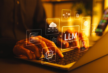 llm large language model and ai technology concept. man working with llm interface icons, artificial