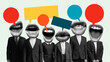 © Lustre Art Group  - Voices in Suits. Conceptual art collage. Group of suited figures with oversized mouths and speech bubbles symbolizing overwhelming noise of media. Concept of communication, propaganda, journalism.