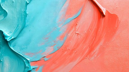 Wall Mural - Abstract Paint Strokes: A captivating interplay of vivid teal and coral hues intertwines on a textured surface, evoking a sense of artistic expression and creative exploration. 