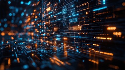 a futuristic view of a data wall with glowing binary code.