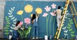 © peopleimages.com - Wall art, women and painting mural outdoor for sustainable awareness, community project or creative teamwork. Flower decoration, people and floral inspiration for DIY public design, earth day or back