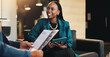 © peopleimages.com - Collaboration, meeting and tablet with business woman in lobby of office for discussion or proposal. Documents, smile and presentation with employee in workplace for partnership, report or research
