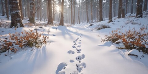 Wall Mural - Crisp snow, delicate fox paw prints, winter forest  ,  forest,  fauna,  scenic