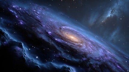 stunning, ultra-realistic deep space view with detailed nebula in rich blue and purple tones