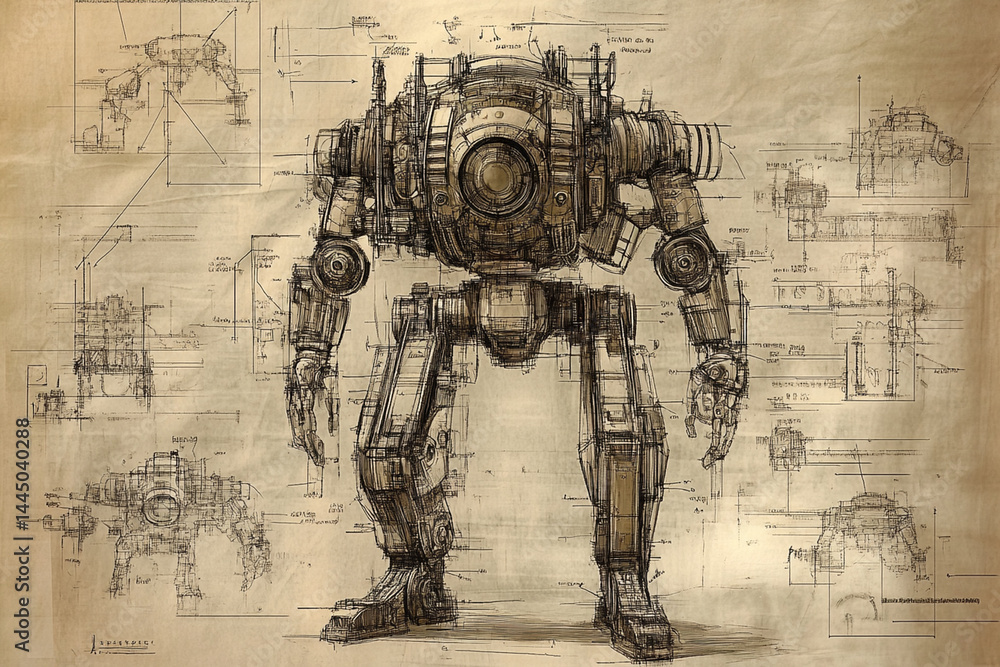 Blueprint style drawing of a large robot with technical annotations and ...