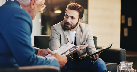 Poster - Collaboration, meeting and tablet with business men in lobby of office for discussion or proposal. Documents, smile and presentation with employee in workplace for partnership, report or research