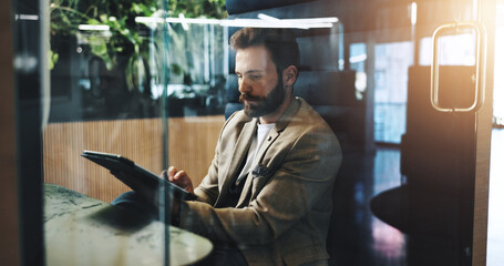 Poster - Tablet, research and mature businessman in office scrolling for company budget report. Digital technology, reading and male financial manager with online investment proposal for client in workplace.