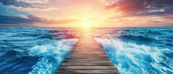 Poster - Dreamy Seascape Journey Wooden Pier Leads to Radiant Sunset over Serene Ocean Dynamic Waves Calm Blue Sky