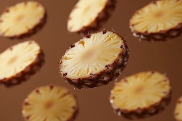 Aufkleber - Sliced pineapple artful floating in soft focus on solid brown background tropical sweet fruit food