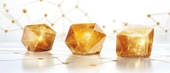 Aufkleber - Golden Icosahedron Dodecahedron Cube Trio Reflecting on Shiny Floor Connection Background Design Element