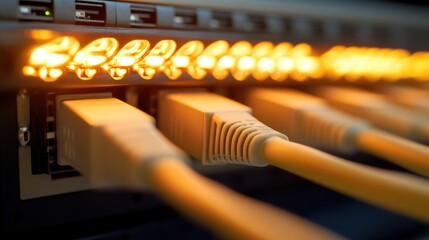 Leinwandbilder - Server connection with data flowing through network cables on server hub background in warm orange tones