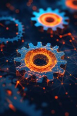Leinwandbilder - Digital cogwheel futuristic tech network orange glow against dark blue mechanical design background