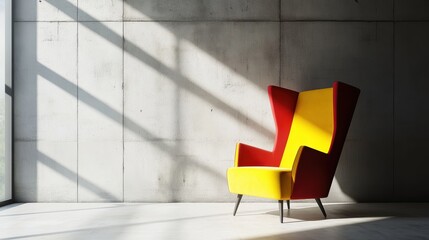 Poster - Red and Yellow Accent Chair Against a Concrete Wall with Sunlight Creating a Modern Atmosphere