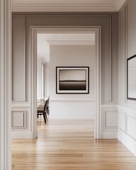 Poster - Interior design showcasing a serene hallway with a framed black and white landscape photo hanging on wall