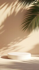 Aufkleber - Minimalist product display beige studio with tropical palm leaf shadows and stage circle platform