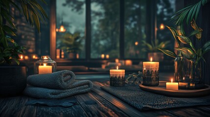 Aufkleber - Soft Candles and Tranquil Plants on Wooden Table for Spa Aesthetic Peacefulness and Peaceful Calm Atmosphere