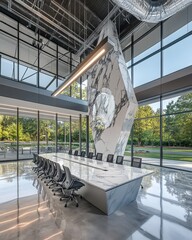 Poster - Bright Conference Room With Large Marble Sculpture Table and Polished Concrete Floor in a Modern Building
