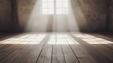 Poster - Interior Old Room Sunlight Coming Through Window Wooden Flooring Atmospheric Glow Grunge Wall