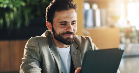 Aufkleber - Office, businessman and thinking with tablet for scroll, research or online results with smile. Professional, career and male editor with digital for reading article, blog and info with idea in lobby