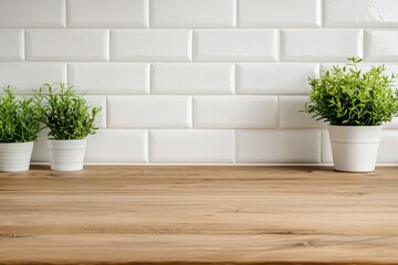 Poster - Empty rustic wooden countertop in a bright kitchen with potted plants