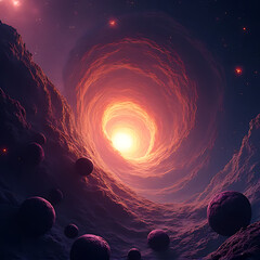 Wall Mural - High-detail cosmic rift surrounded by celestial winds and prismatic light flares, mysterious and vast setting with soft gradients