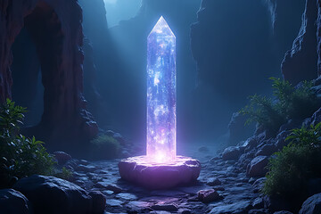 Wall Mural - hyper-realistic crystal scepter embedded in ancient ruins on a distant planet, illuminated by biolum