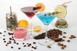 © Designer - Colorful cocktails and various garnishes arranged on a white surface for a vibrant presentation