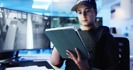 Poster - Security guard, woman and tablet with surveillance, cctv observation app and watching at night. Officer, video station and technology in control room for monitor, safety or footage for protection