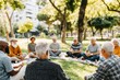 © kornc - Group of people meditating in a serene park setting.