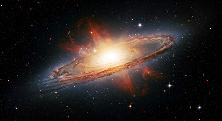 Wall Mural - A vibrant spiral galaxy erupts with brilliant light, showcasing swirling dust and gas against a backdrop of countless stars
