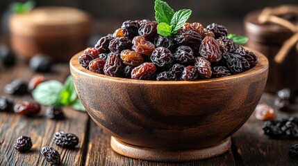Plump raisins overflow a carved wooden bowl