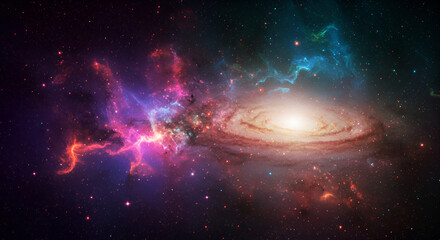 Wall Mural - Colorful spiral galaxy surrounded by vibrant nebulae in deep space.  Vast expanse of cosmic dust and gas clouds