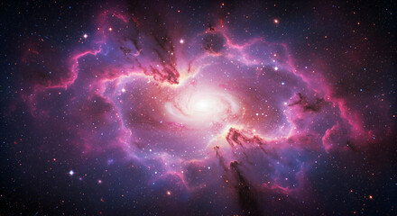 Wall Mural - Cosmic nebula with swirling pink and purple clouds, surrounding a bright galaxy center
