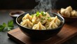 © Pornsuda - Steaming bowl of dumplings, chopsticks, ginger, soy sauce, photography, soy sauce, chinese food