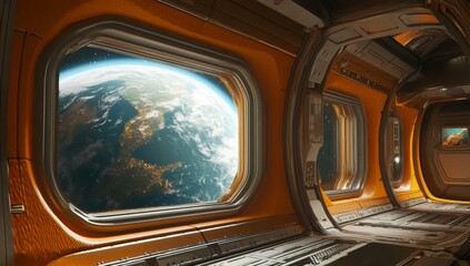 Wall Mural - Space Station Interior with Earth View through Windows  