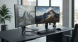 © thiago - An organized black desk setup in a modern office with dual monitors showing nature.