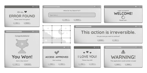 Wall Mural - computer windows graphic monochrome set, retro pc interfaces with text and buttons, decorative dialo