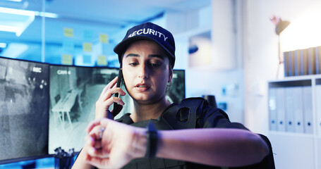 Poster - Security, control room and woman with phone call, time and contact report at computer screen. CCTV, night surveillance and officer checking watch, communication and intelligence at command center
