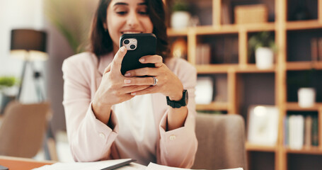 Aufkleber - Phone, remote work and scroll with woman in home office for account manager, financial advisor and communication. Virtual consultant, client portfolio and update with person for contact and email