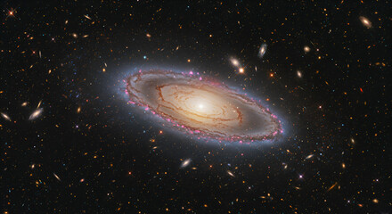 Wall Mural - Spiral galaxy, vibrant colors, swirling structure, surrounded by distant galaxies